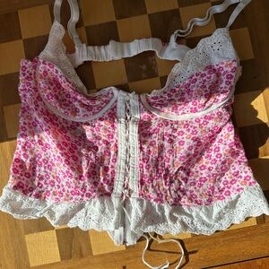 Floral Pink and White Lace Trimmed Bustier Top